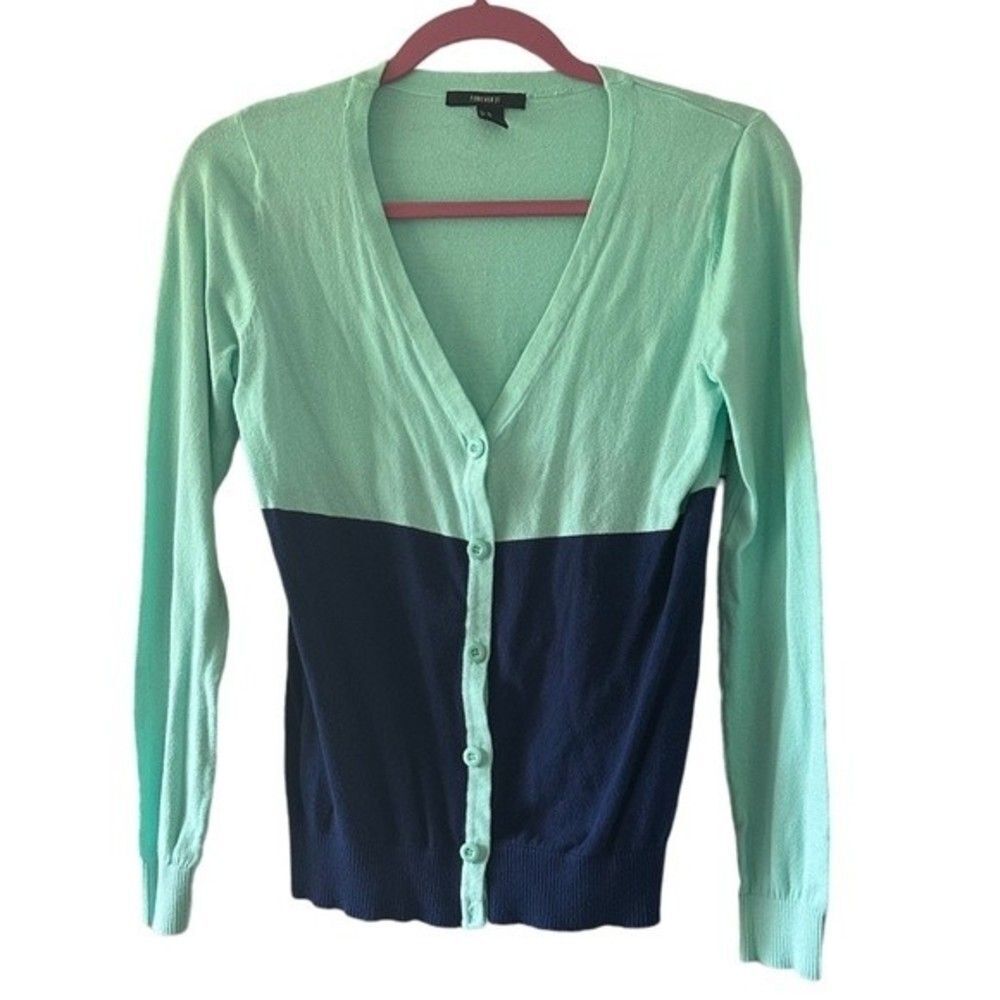 Forever 21 Mint Green And Navy Blue Button Down Cardigan Size M